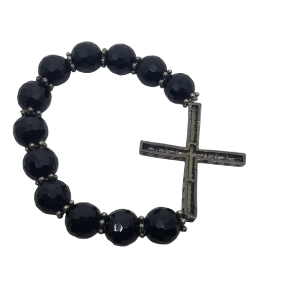 VINTAGE CRYSTAL CROSS & BLACK GLASS BEAD STRETCH BRACELET - Picture 5 of 5